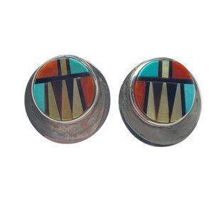 Sterling Silver Zuni Cena Turquoise Inlay Earrings Native American